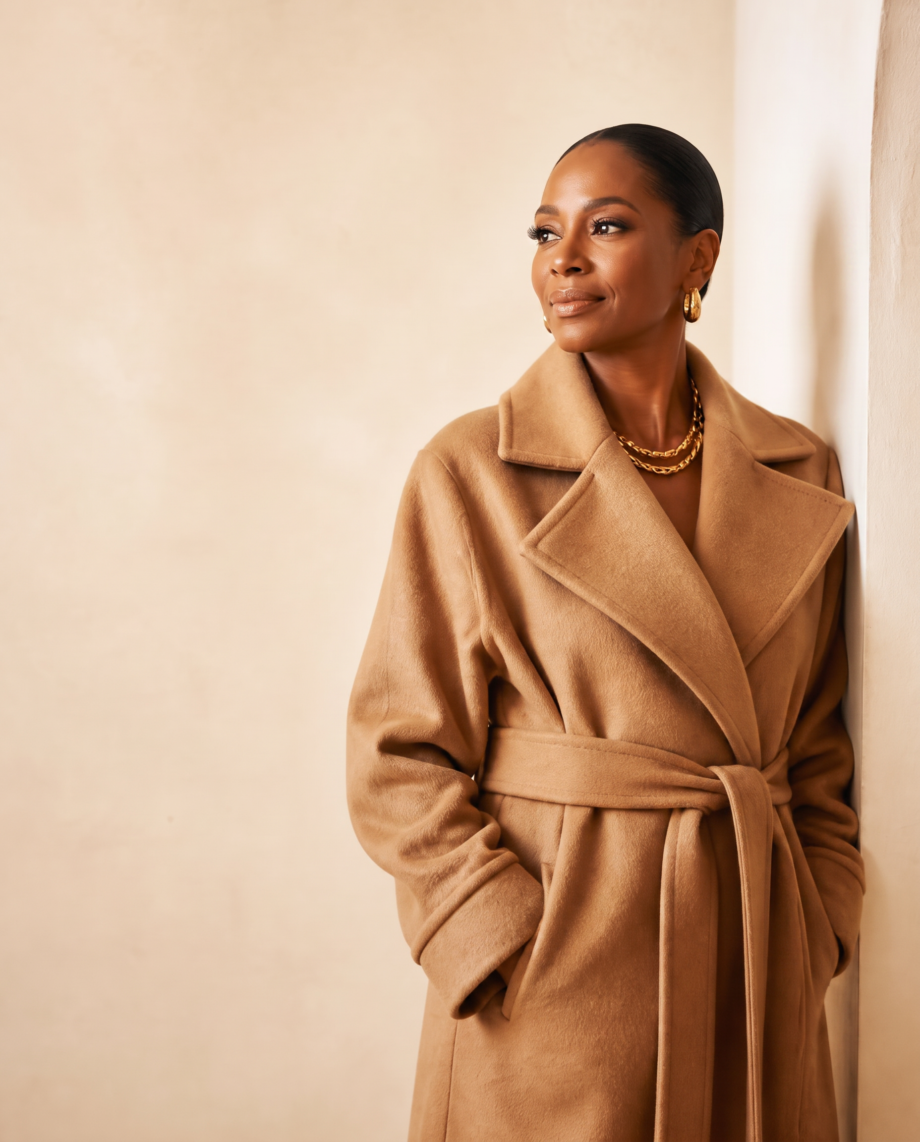 Woman styled by SHEFYSTYLE in a tailored camel coat