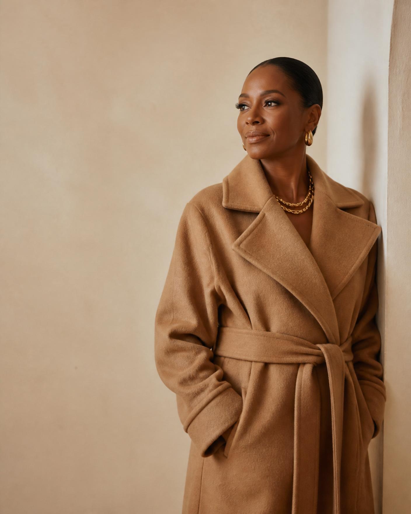 Woman styled by SHEFYSTYLE in a tailored camel coat